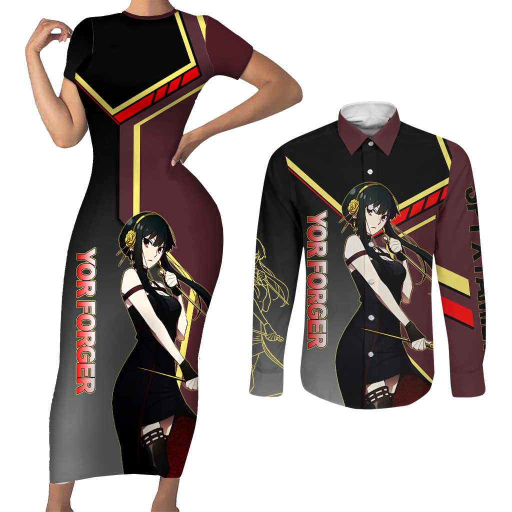 Yor Forger Spy x Family Red and Black Assassin Theme Couples Matching Short Sleeve Bodycon Dress and Long Sleeve Button Shirt with Elegant Weapon Pose and Bold Color Accents - The Mazicc