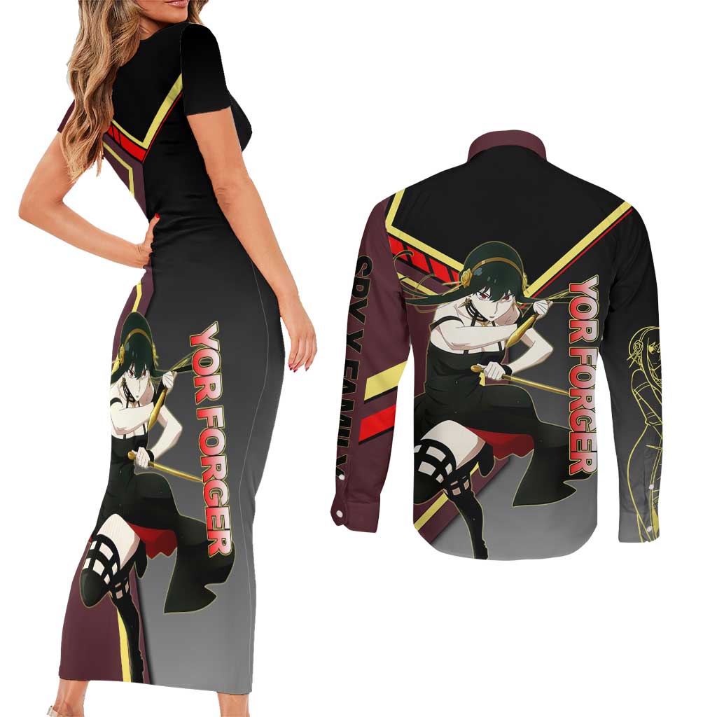 Yor Forger Spy x Family Red and Black Assassin Theme Couples Matching Short Sleeve Bodycon Dress and Long Sleeve Button Shirt with Elegant Weapon Pose and Bold Color Accents - The Mazicc
