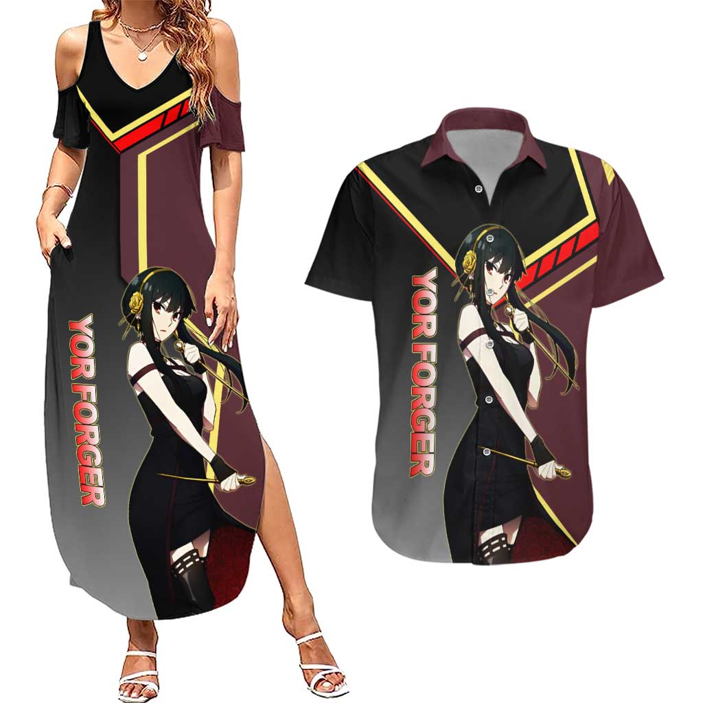Yor Forger Spy x Family Red and Black Assassin Theme Couples Matching Summer Maxi Dress and Hawaiian Shirt with Elegant Weapon Pose and Bold Color Accents - The Mazicc
