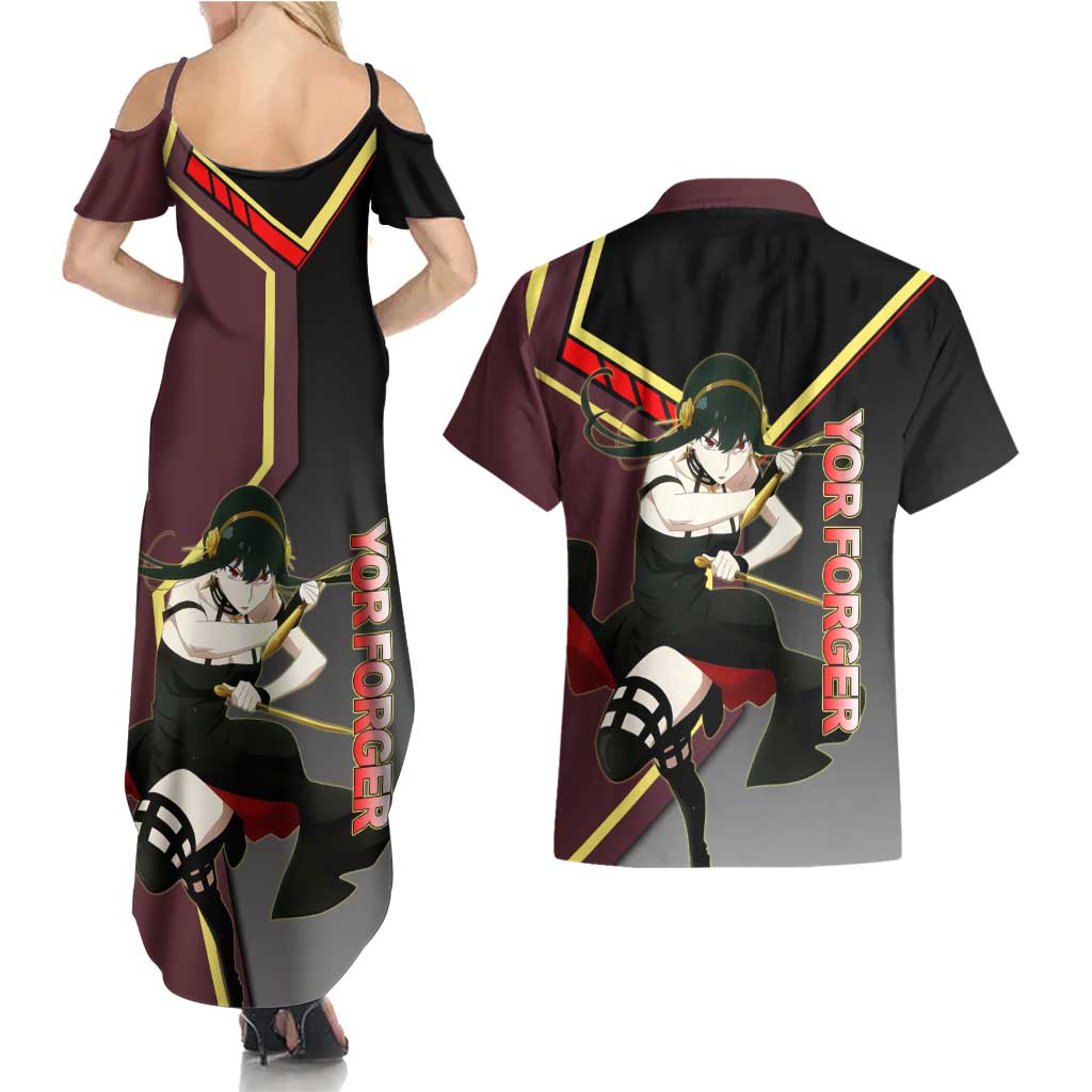 Yor Forger Spy x Family Red and Black Assassin Theme Couples Matching Summer Maxi Dress and Hawaiian Shirt with Elegant Weapon Pose and Bold Color Accents - The Mazicc