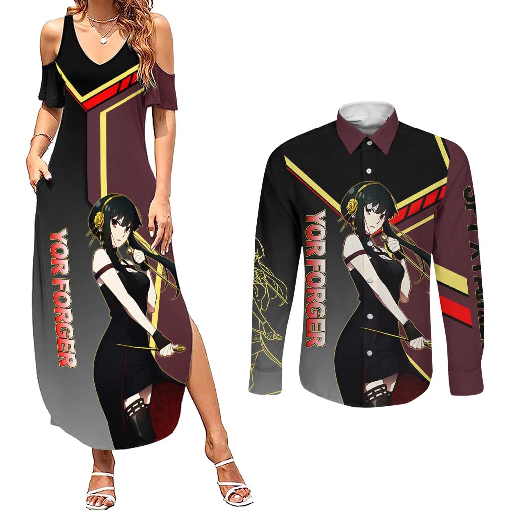 Yor Forger Spy x Family Red and Black Assassin Theme Couples Matching Summer Maxi Dress and Long Sleeve Button Shirt with Elegant Weapon Pose and Bold Color Accents - The Mazicc