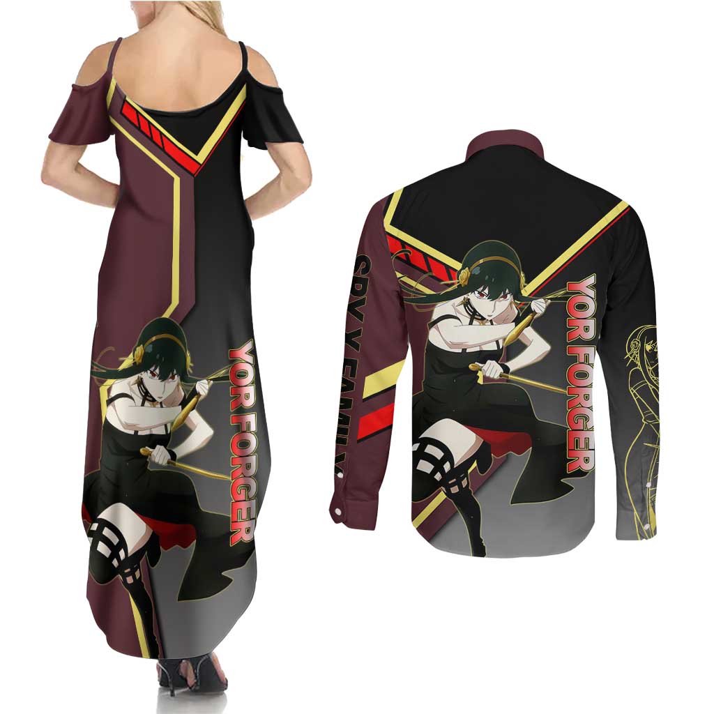 Yor Forger Spy x Family Red and Black Assassin Theme Couples Matching Summer Maxi Dress and Long Sleeve Button Shirt with Elegant Weapon Pose and Bold Color Accents - The Mazicc