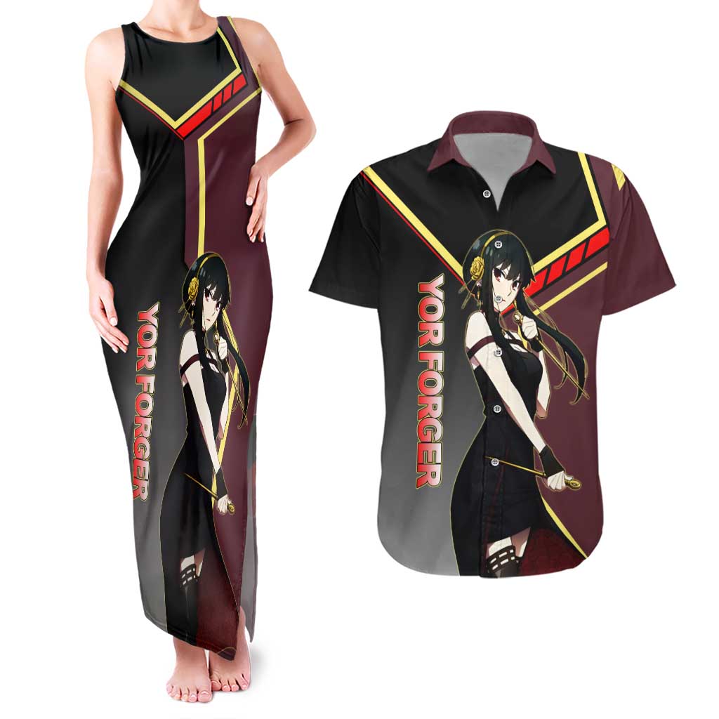 Yor Forger Spy x Family Red and Black Assassin Theme Couples Matching Tank Maxi Dress and Hawaiian Shirt with Elegant Weapon Pose and Bold Color Accents - The Mazicc