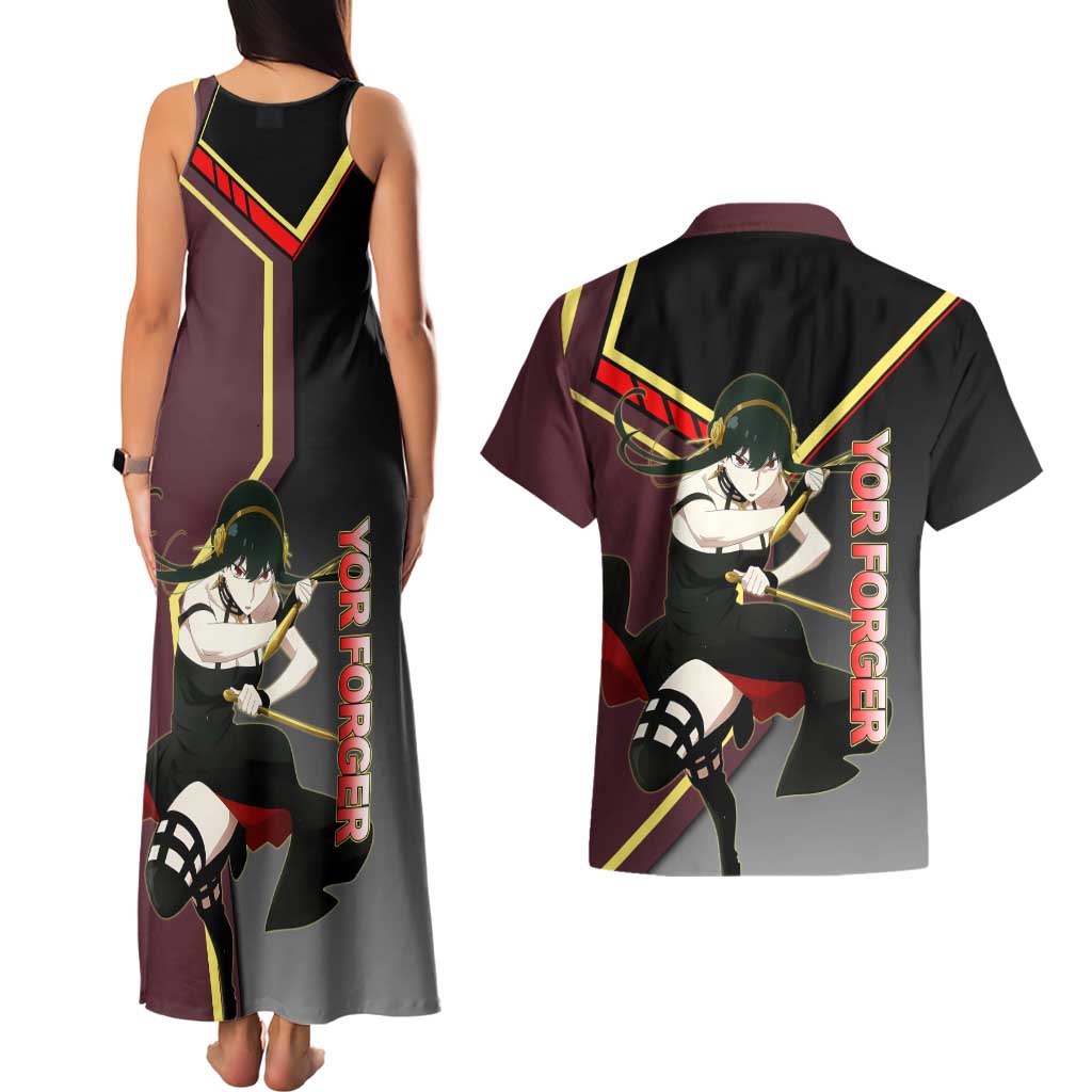 Yor Forger Spy x Family Red and Black Assassin Theme Couples Matching Tank Maxi Dress and Hawaiian Shirt with Elegant Weapon Pose and Bold Color Accents - The Mazicc