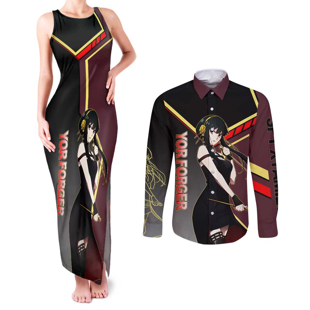 Yor Forger Spy x Family Red and Black Assassin Theme Couples Matching Tank Maxi Dress and Long Sleeve Button Shirt with Elegant Weapon Pose and Bold Color Accents - The Mazicc