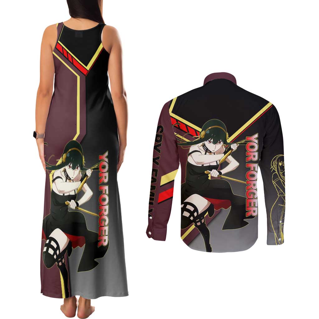 Yor Forger Spy x Family Red and Black Assassin Theme Couples Matching Tank Maxi Dress and Long Sleeve Button Shirt with Elegant Weapon Pose and Bold Color Accents - The Mazicc