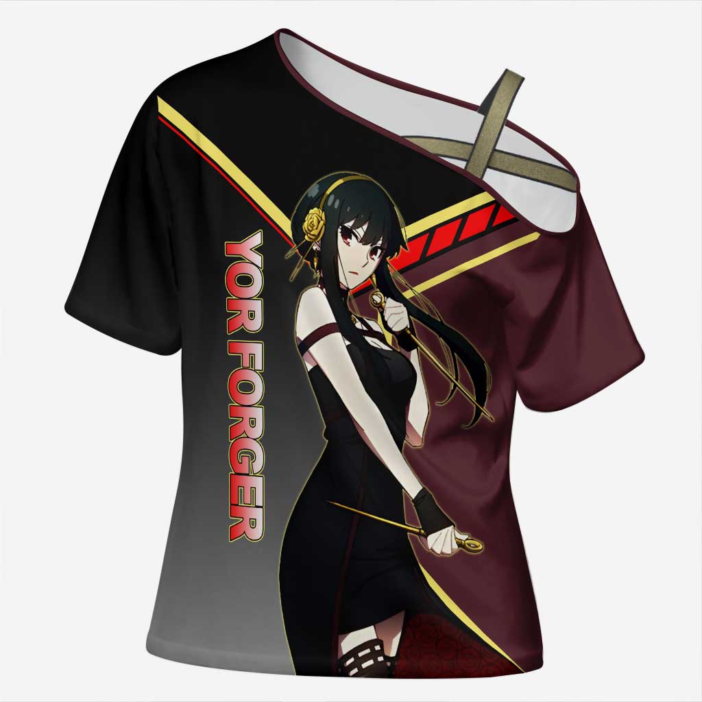 Yor Forger Spy x Family Red and Black Assassin Theme Cross Shoulder Shirt with Elegant Weapon Pose and Bold Color Accents - The Mazicc