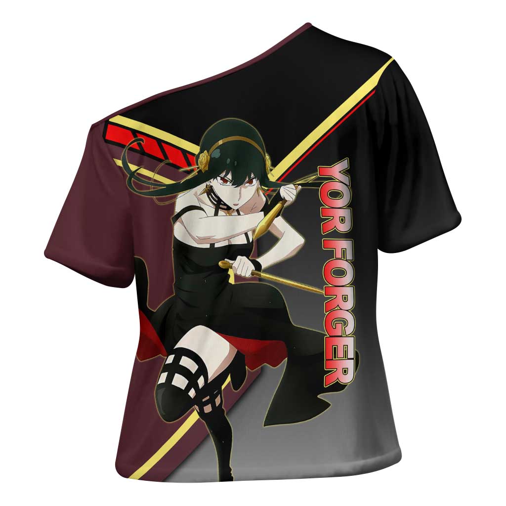Yor Forger Spy x Family Red and Black Assassin Theme Cross Shoulder Shirt with Elegant Weapon Pose and Bold Color Accents - The Mazicc