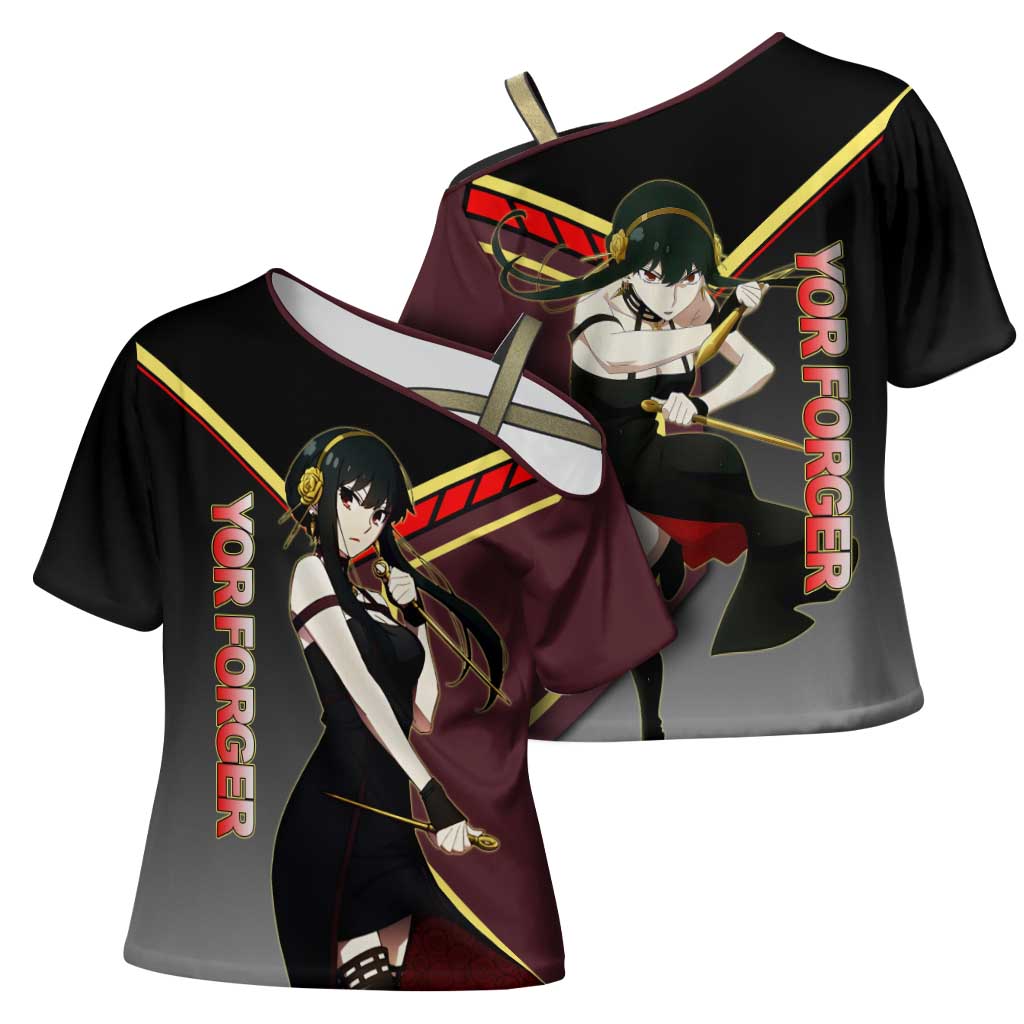 Yor Forger Spy x Family Red and Black Assassin Theme Cross Shoulder Shirt with Elegant Weapon Pose and Bold Color Accents - The Mazicc