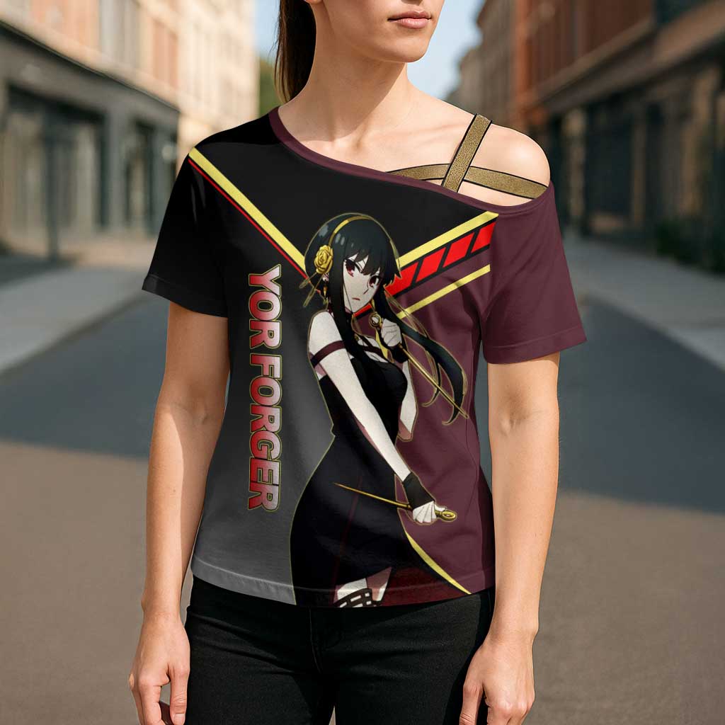 Yor Forger Spy x Family Red and Black Assassin Theme Cross Shoulder Shirt with Elegant Weapon Pose and Bold Color Accents - The Mazicc