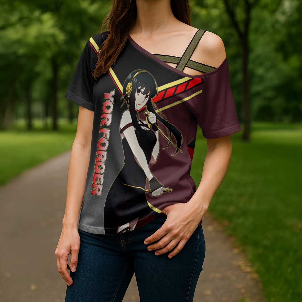 Yor Forger Spy x Family Red and Black Assassin Theme Cross Shoulder Shirt with Elegant Weapon Pose and Bold Color Accents - The Mazicc