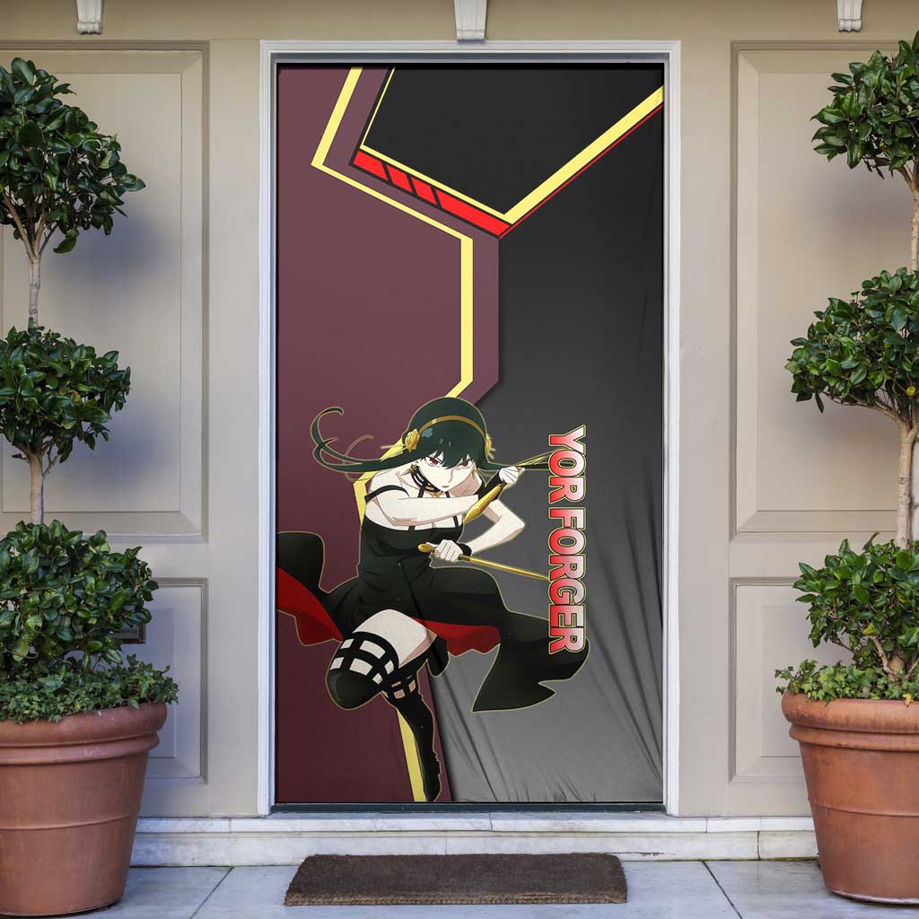 Yor Forger Spy x Family Red and Black Assassin Theme Door Cover with Elegant Weapon Pose and Bold Color Accents - The Mazicc