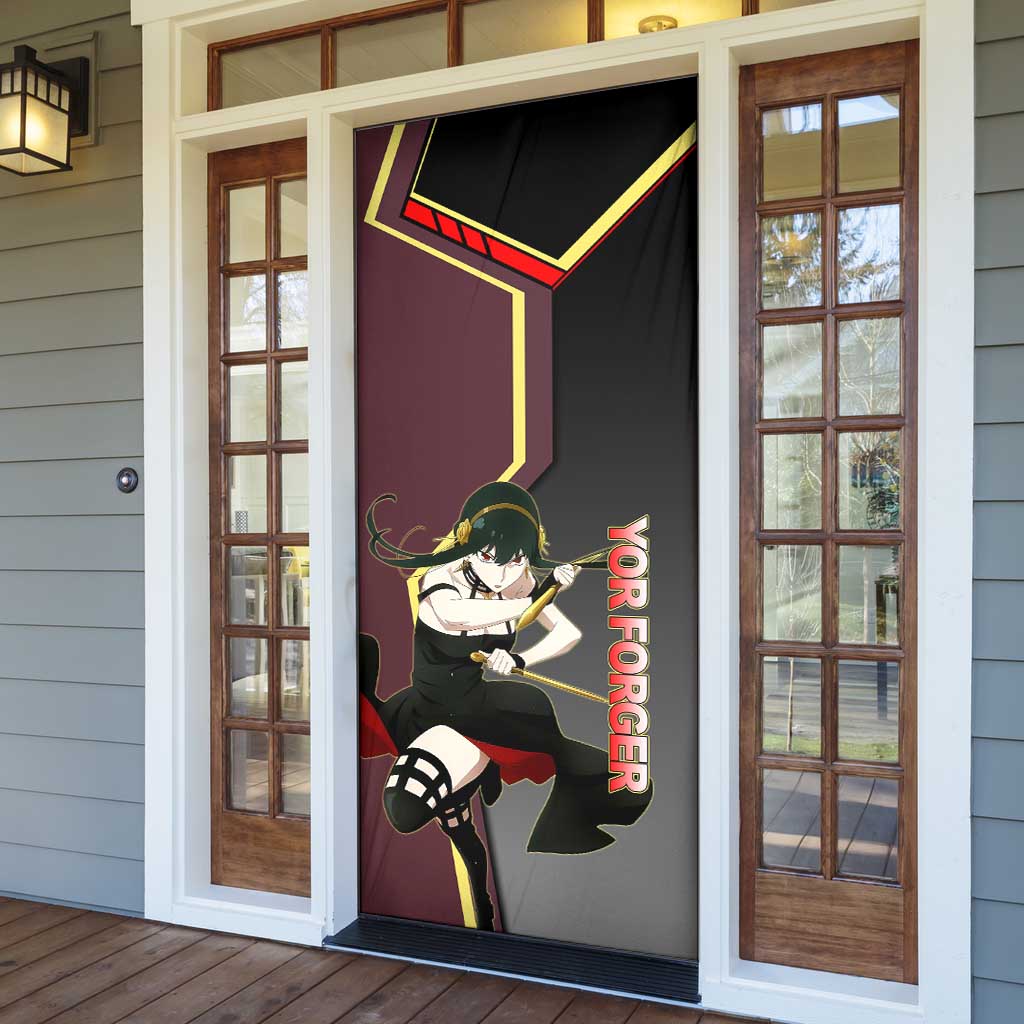 Yor Forger Spy x Family Red and Black Assassin Theme Door Cover with Elegant Weapon Pose and Bold Color Accents - The Mazicc