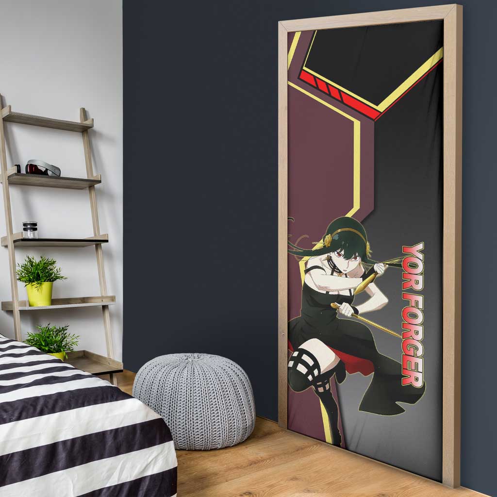 Yor Forger Spy x Family Red and Black Assassin Theme Door Cover with Elegant Weapon Pose and Bold Color Accents - The Mazicc