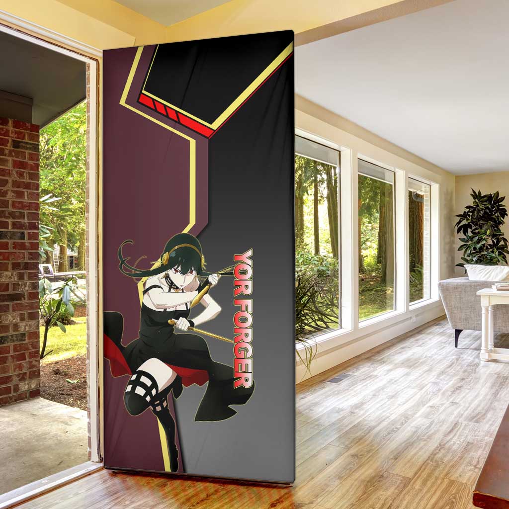 Yor Forger Spy x Family Red and Black Assassin Theme Door Cover with Elegant Weapon Pose and Bold Color Accents - The Mazicc