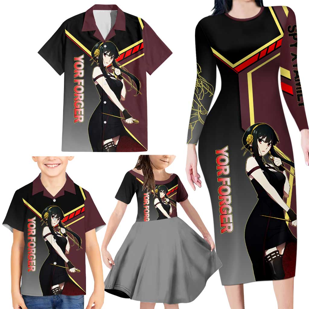 Yor Forger Spy x Family Red and Black Assassin Theme Family Matching Long Sleeve Bodycon Dress and Hawaiian Shirt with Elegant Weapon Pose and Bold Color Accents
