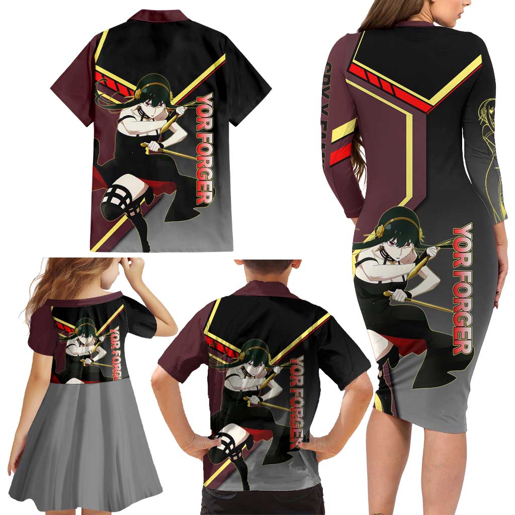 Yor Forger Spy x Family Red and Black Assassin Theme Family Matching Long Sleeve Bodycon Dress and Hawaiian Shirt with Elegant Weapon Pose and Bold Color Accents