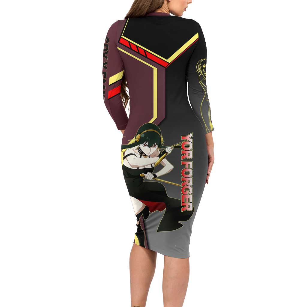 Yor Forger Spy x Family Red and Black Assassin Theme Family Matching Long Sleeve Bodycon Dress and Hawaiian Shirt with Elegant Weapon Pose and Bold Color Accents