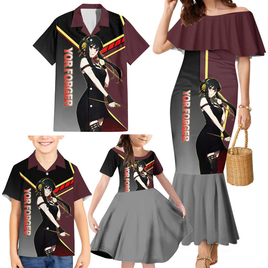 Yor Forger Spy x Family Red and Black Assassin Theme Family Matching Mermaid Dress and Hawaiian Shirt with Elegant Weapon Pose and Bold Color Accents