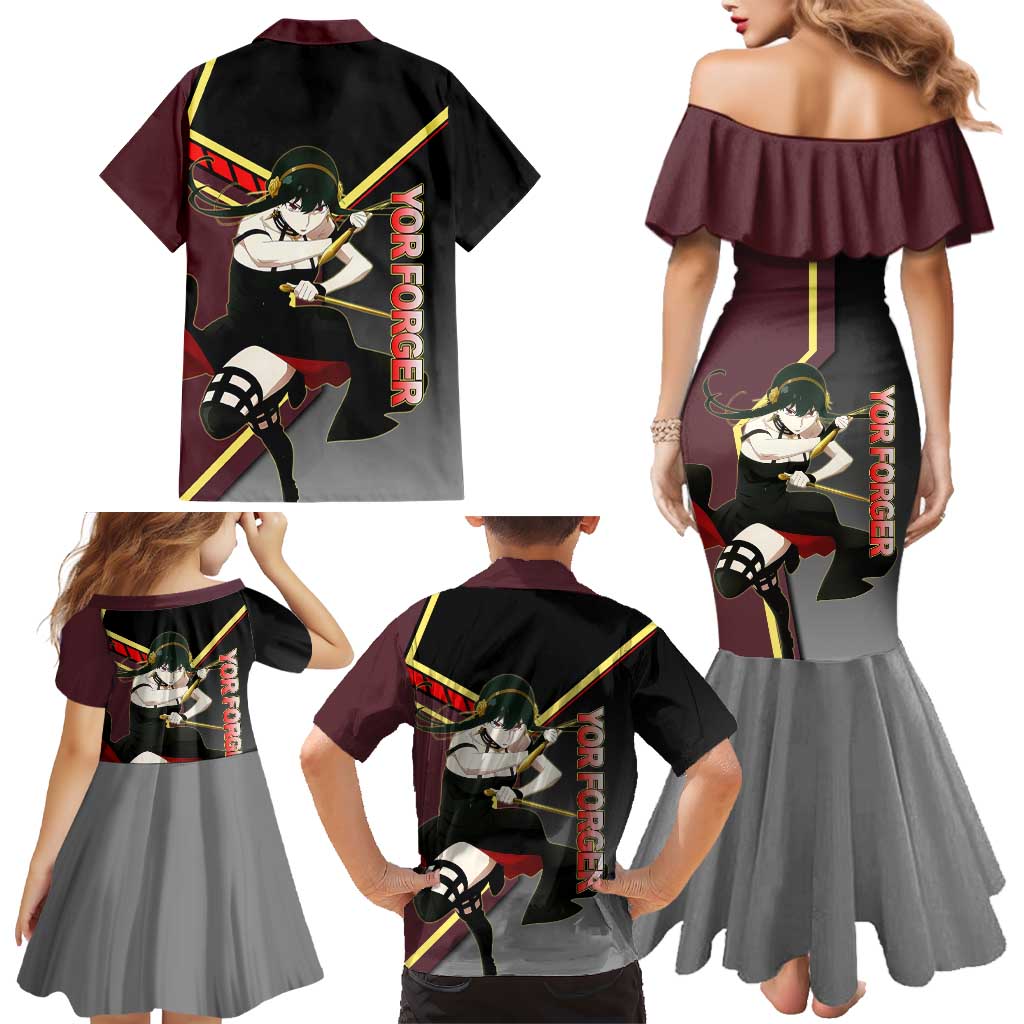 Yor Forger Spy x Family Red and Black Assassin Theme Family Matching Mermaid Dress and Hawaiian Shirt with Elegant Weapon Pose and Bold Color Accents