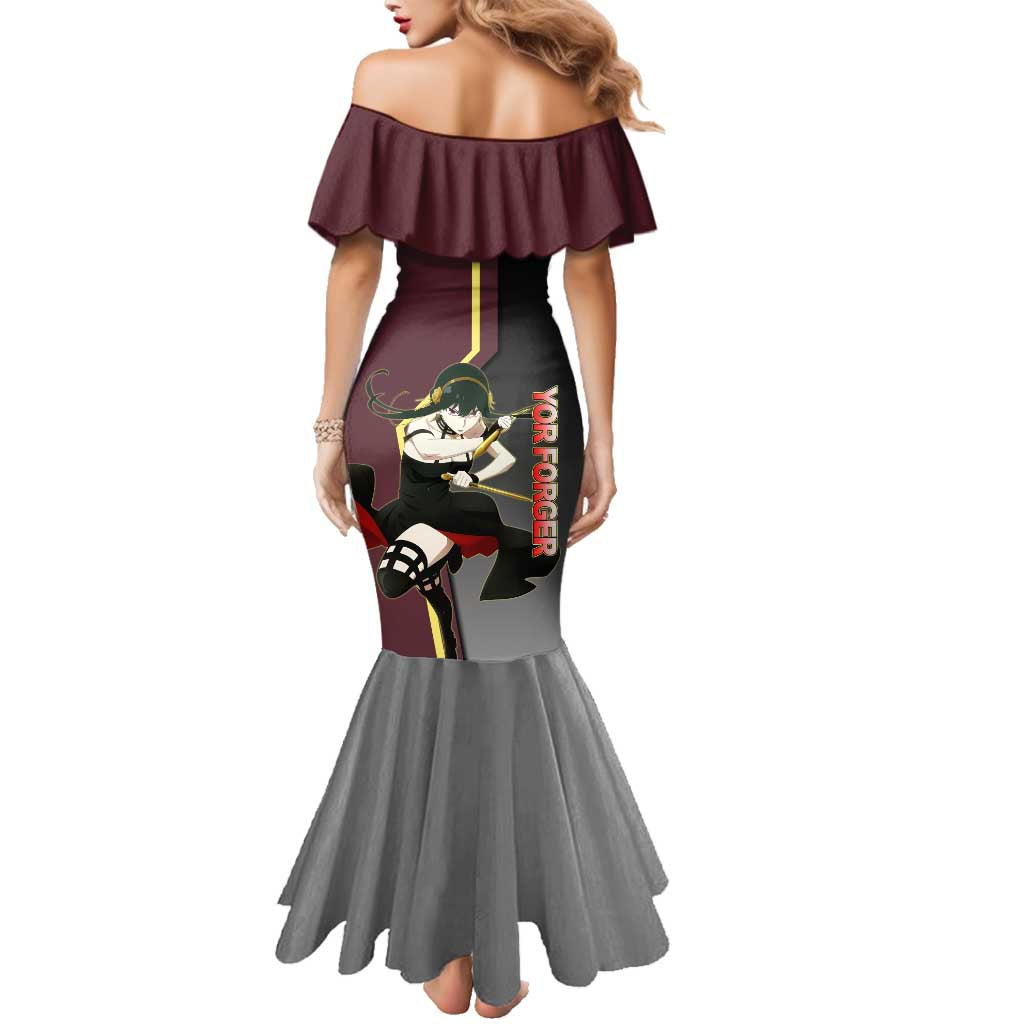 Yor Forger Spy x Family Red and Black Assassin Theme Family Matching Mermaid Dress and Hawaiian Shirt with Elegant Weapon Pose and Bold Color Accents