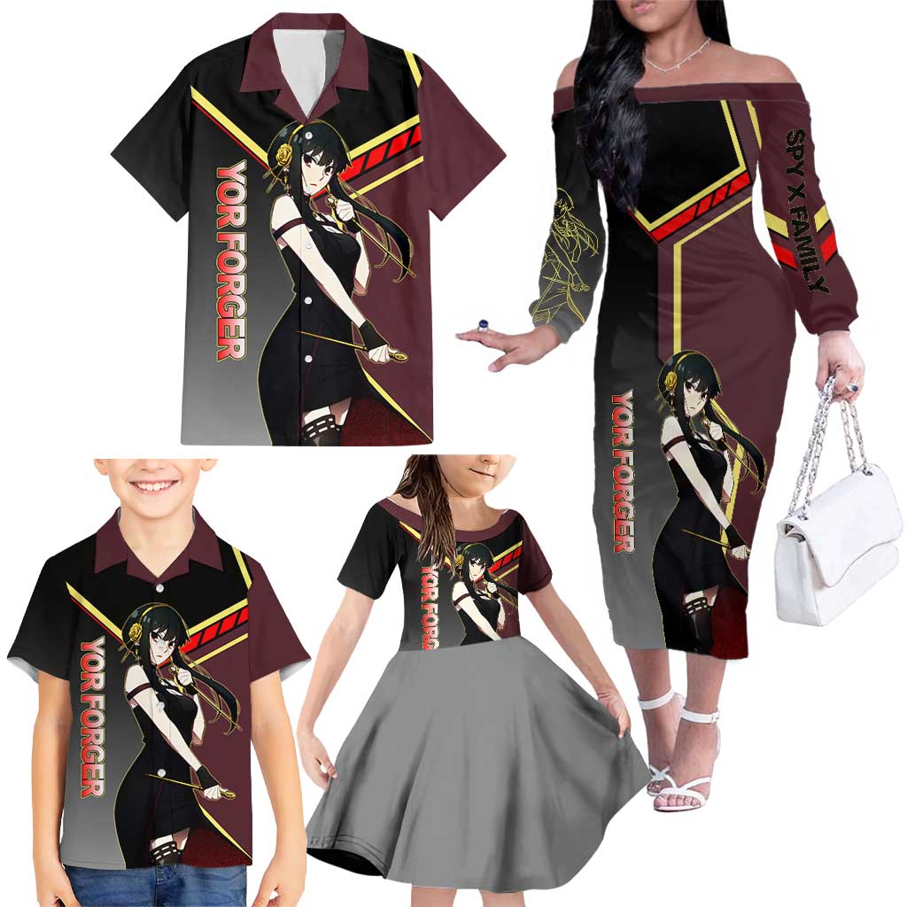 Yor Forger Spy x Family Red and Black Assassin Theme Family Matching Off The Shoulder Long Sleeve Dress and Hawaiian Shirt with Elegant Weapon Pose and Bold Color Accents