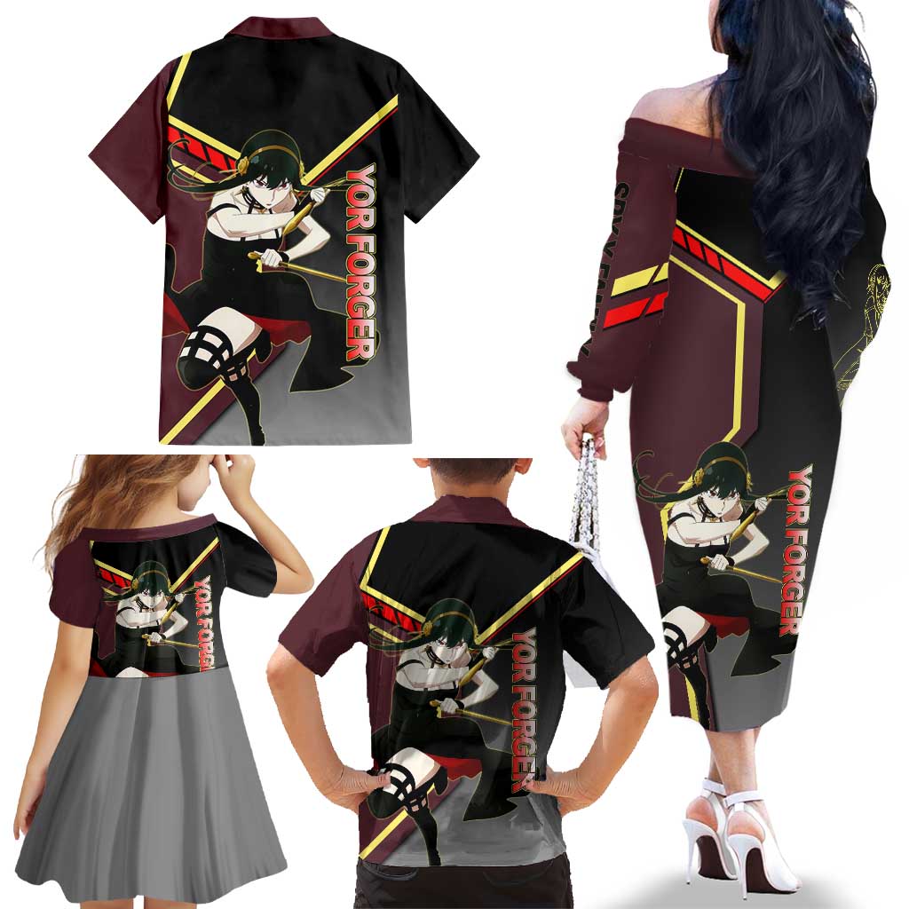Yor Forger Spy x Family Red and Black Assassin Theme Family Matching Off The Shoulder Long Sleeve Dress and Hawaiian Shirt with Elegant Weapon Pose and Bold Color Accents