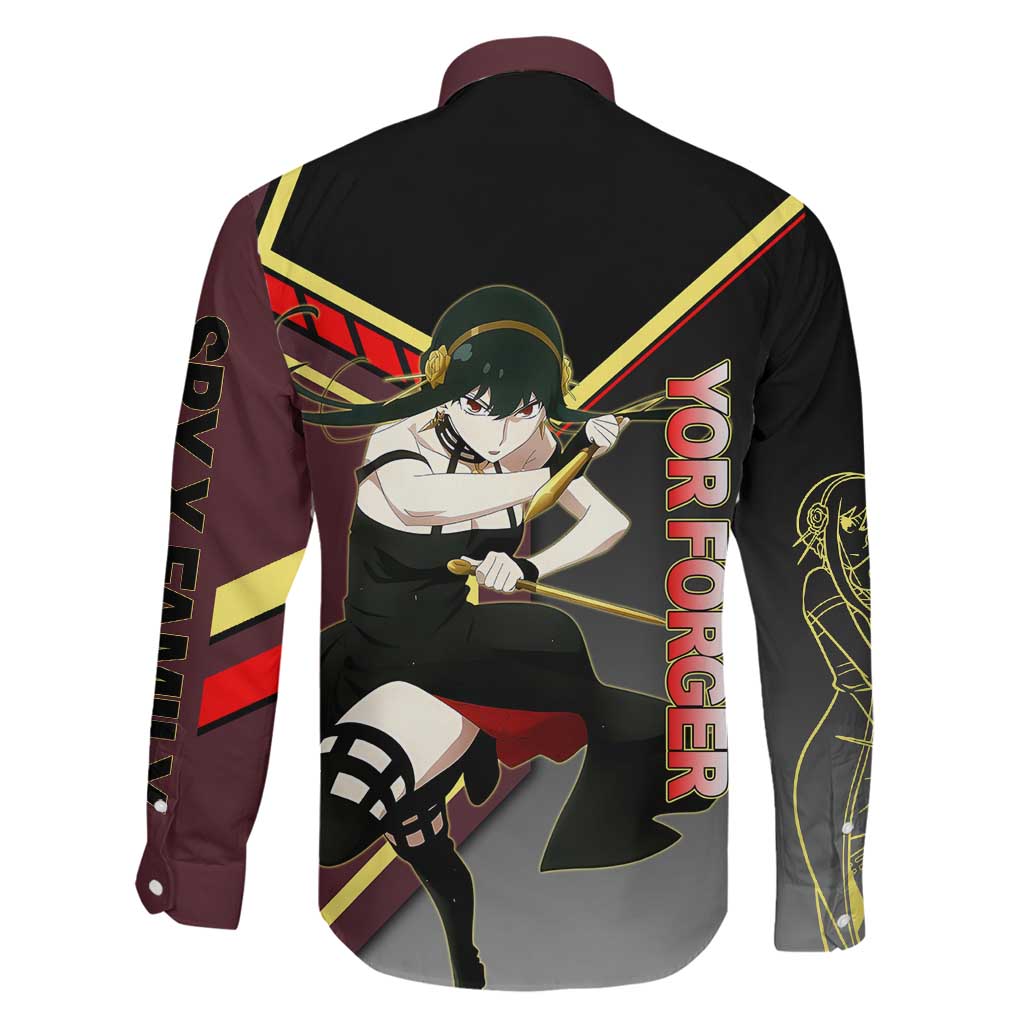 Yor Forger Spy x Family Red and Black Assassin Theme Family Matching Off The Shoulder Long Sleeve Dress and Hawaiian Shirt with Elegant Weapon Pose and Bold Color Accents