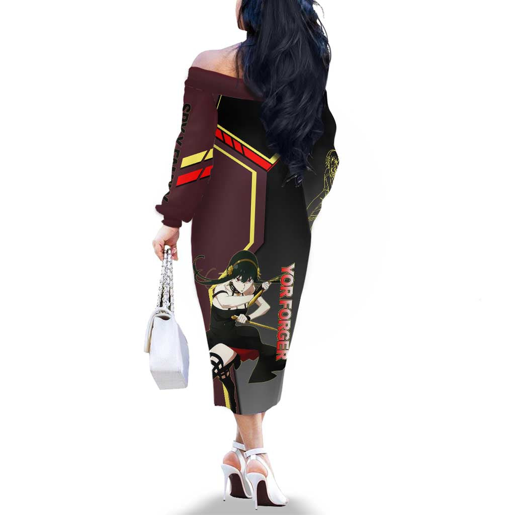 Yor Forger Spy x Family Red and Black Assassin Theme Family Matching Off The Shoulder Long Sleeve Dress and Hawaiian Shirt with Elegant Weapon Pose and Bold Color Accents