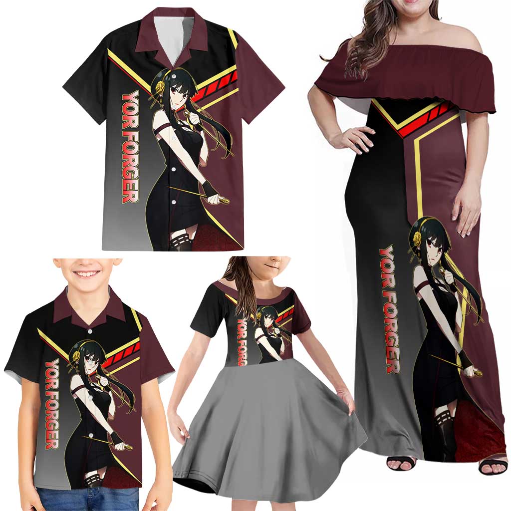 Yor Forger Spy x Family Red and Black Assassin Theme Family Matching Off Shoulder Maxi Dress and Hawaiian Shirt with Elegant Weapon Pose and Bold Color Accents