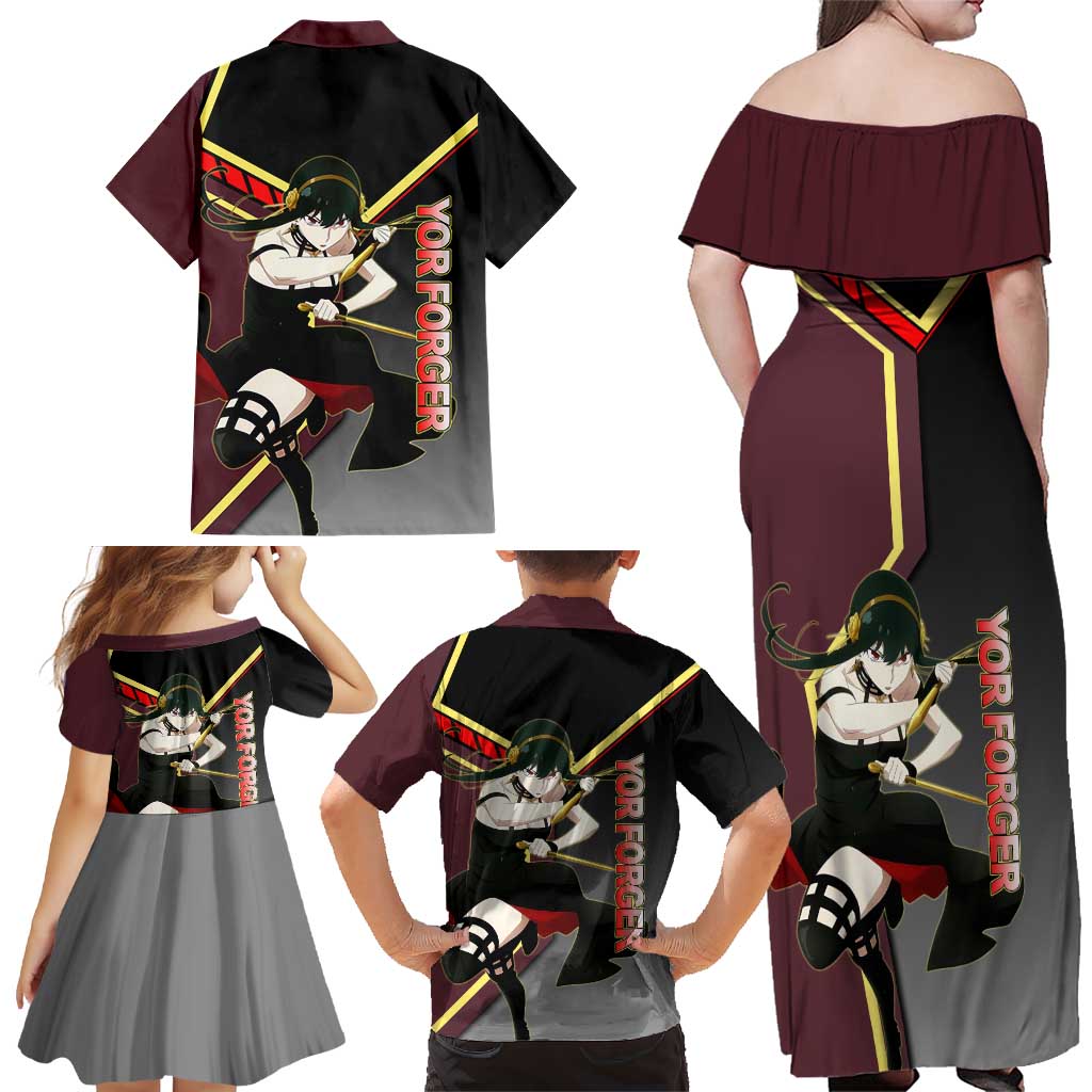 Yor Forger Spy x Family Red and Black Assassin Theme Family Matching Off Shoulder Maxi Dress and Hawaiian Shirt with Elegant Weapon Pose and Bold Color Accents