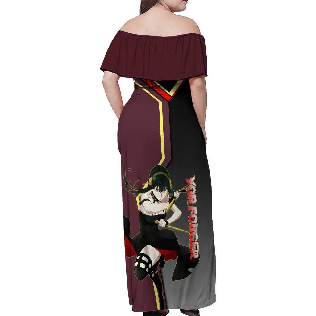 Yor Forger Spy x Family Red and Black Assassin Theme Family Matching Off Shoulder Maxi Dress and Hawaiian Shirt with Elegant Weapon Pose and Bold Color Accents