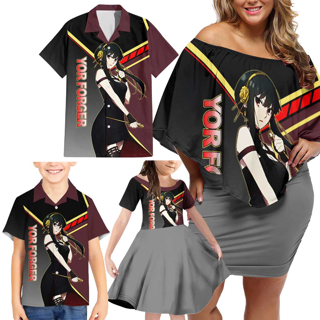 Yor Forger Spy x Family Red and Black Assassin Theme Family Matching Off Shoulder Short Dress and Hawaiian Shirt with Elegant Weapon Pose and Bold Color Accents
