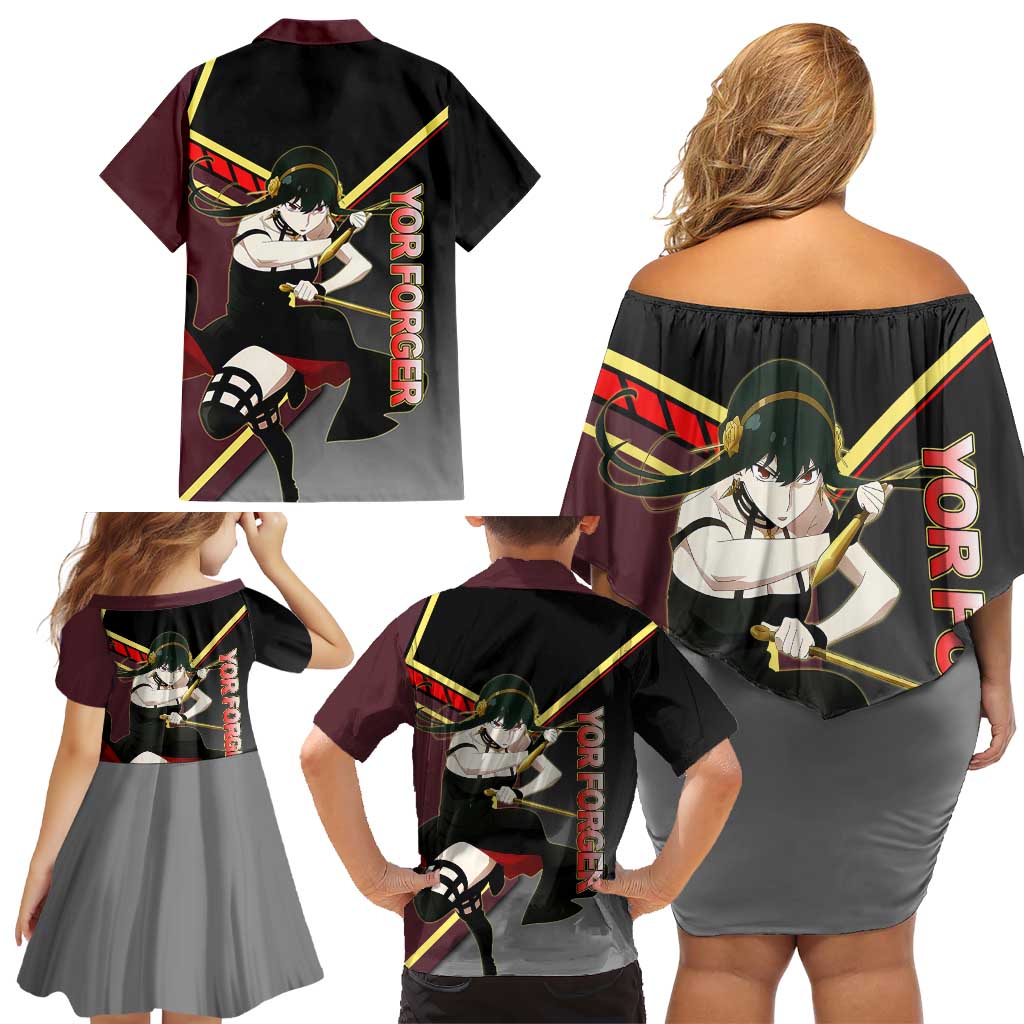 Yor Forger Spy x Family Red and Black Assassin Theme Family Matching Off Shoulder Short Dress and Hawaiian Shirt with Elegant Weapon Pose and Bold Color Accents