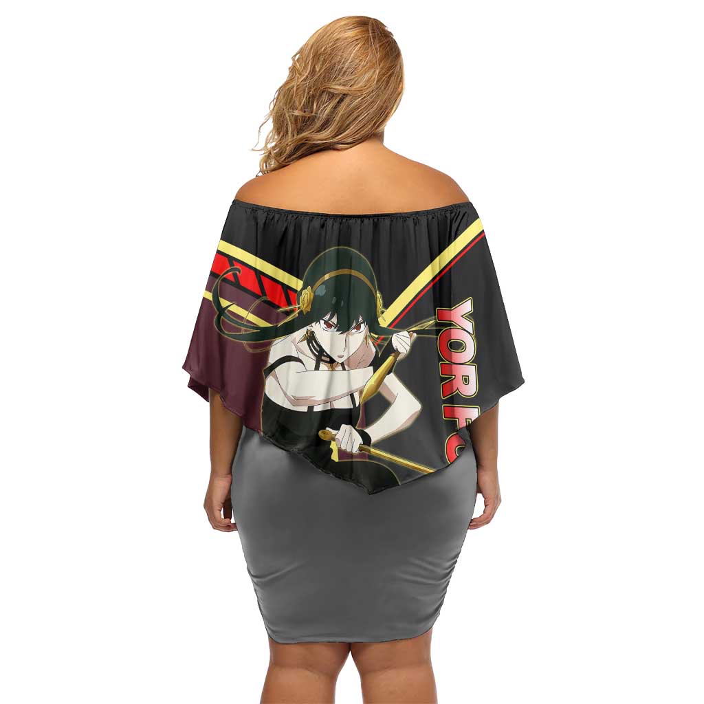 Yor Forger Spy x Family Red and Black Assassin Theme Family Matching Off Shoulder Short Dress and Hawaiian Shirt with Elegant Weapon Pose and Bold Color Accents