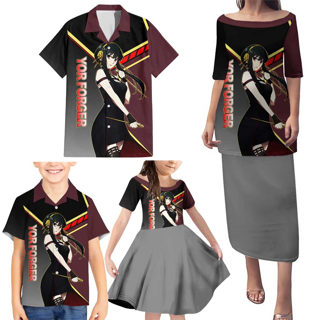 Yor Forger Spy x Family Red and Black Assassin Theme Family Matching Puletasi and Hawaiian Shirt with Elegant Weapon Pose and Bold Color Accents
