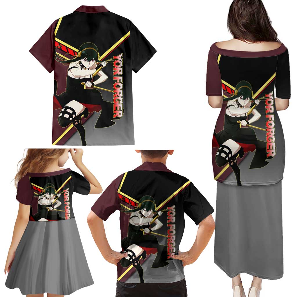 Yor Forger Spy x Family Red and Black Assassin Theme Family Matching Puletasi and Hawaiian Shirt with Elegant Weapon Pose and Bold Color Accents