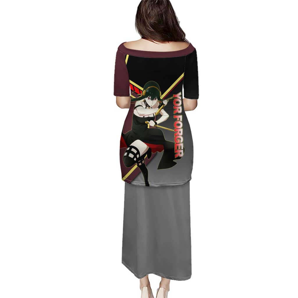 Yor Forger Spy x Family Red and Black Assassin Theme Family Matching Puletasi and Hawaiian Shirt with Elegant Weapon Pose and Bold Color Accents
