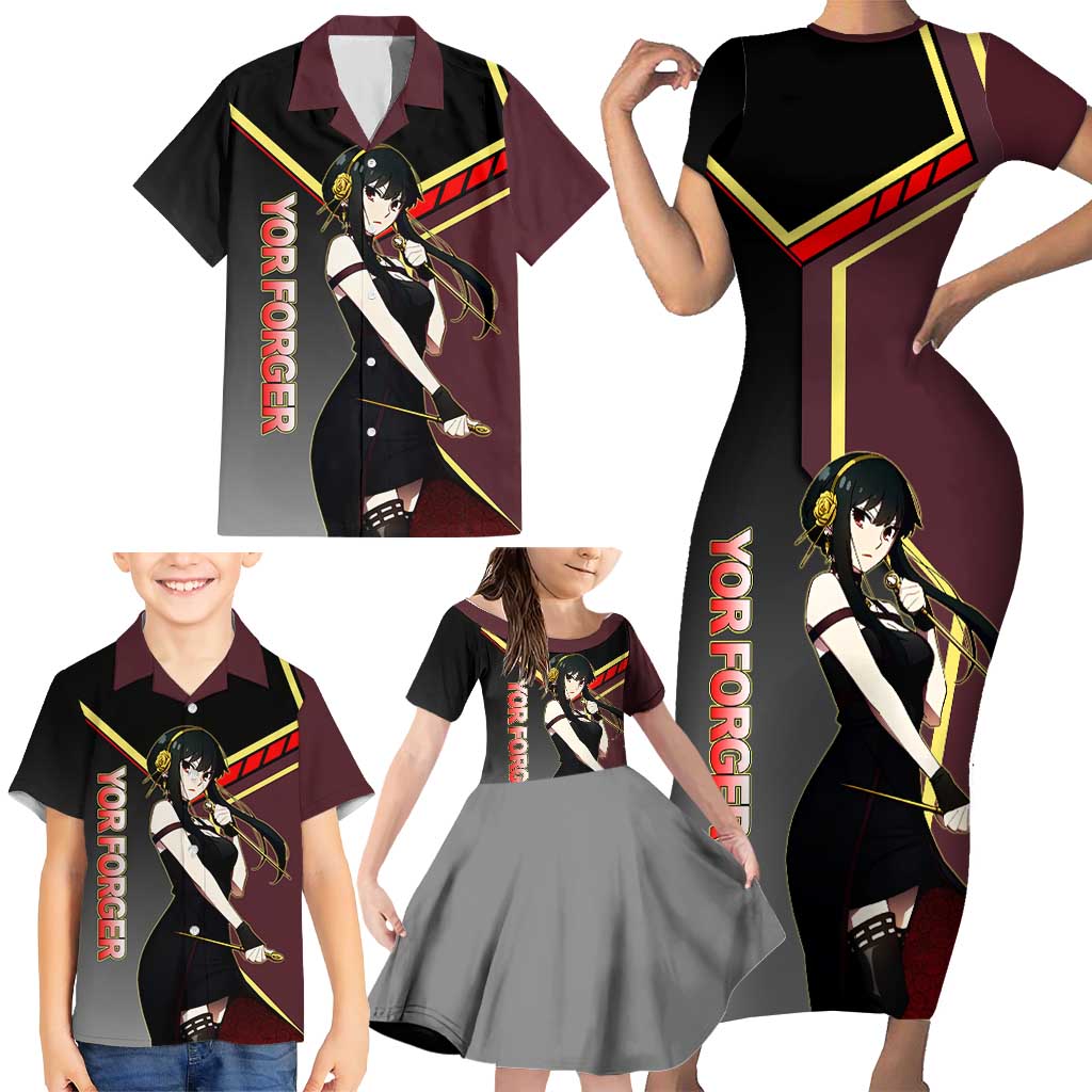 Yor Forger Spy x Family Red and Black Assassin Theme Family Matching Short Sleeve Bodycon Dress and Hawaiian Shirt with Elegant Weapon Pose and Bold Color Accents