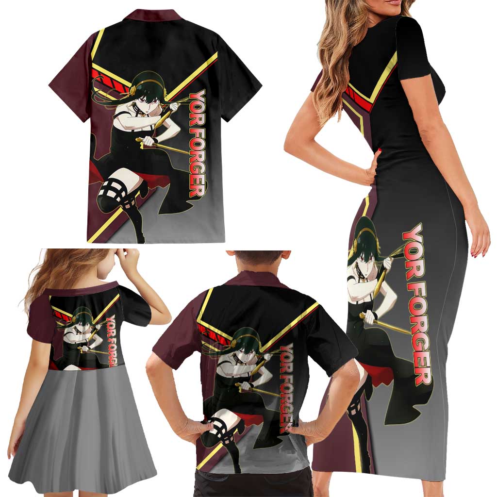 Yor Forger Spy x Family Red and Black Assassin Theme Family Matching Short Sleeve Bodycon Dress and Hawaiian Shirt with Elegant Weapon Pose and Bold Color Accents