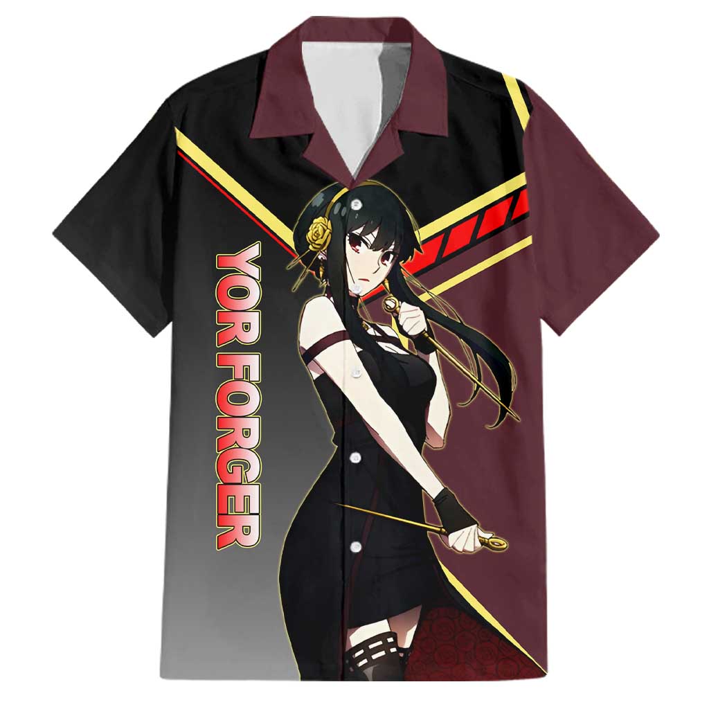 Yor Forger Spy x Family Red and Black Assassin Theme Family Matching Short Sleeve Bodycon Dress and Hawaiian Shirt with Elegant Weapon Pose and Bold Color Accents