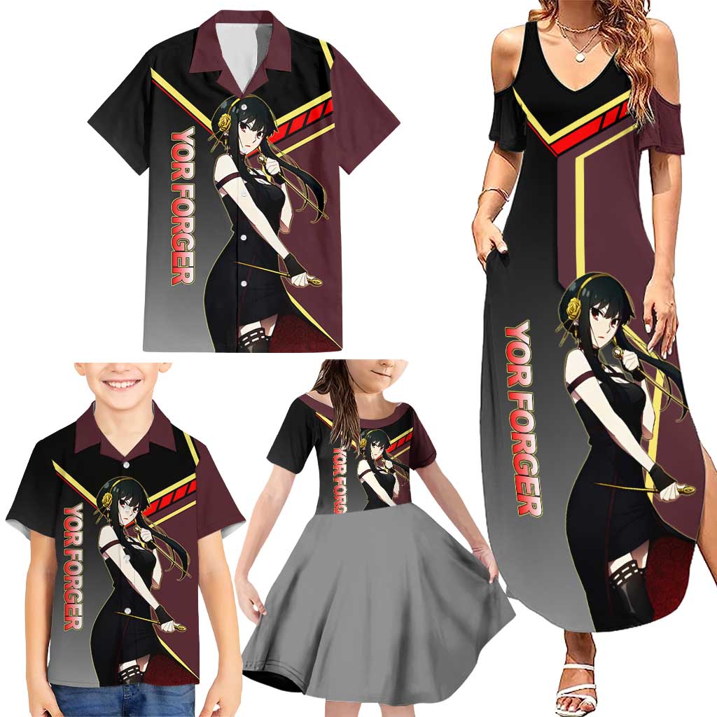 Yor Forger Spy x Family Red and Black Assassin Theme Family Matching Summer Maxi Dress and Hawaiian Shirt with Elegant Weapon Pose and Bold Color Accents