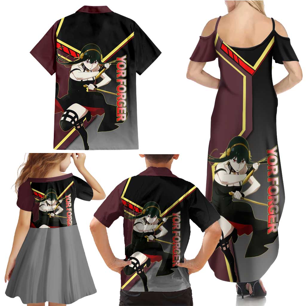 Yor Forger Spy x Family Red and Black Assassin Theme Family Matching Summer Maxi Dress and Hawaiian Shirt with Elegant Weapon Pose and Bold Color Accents
