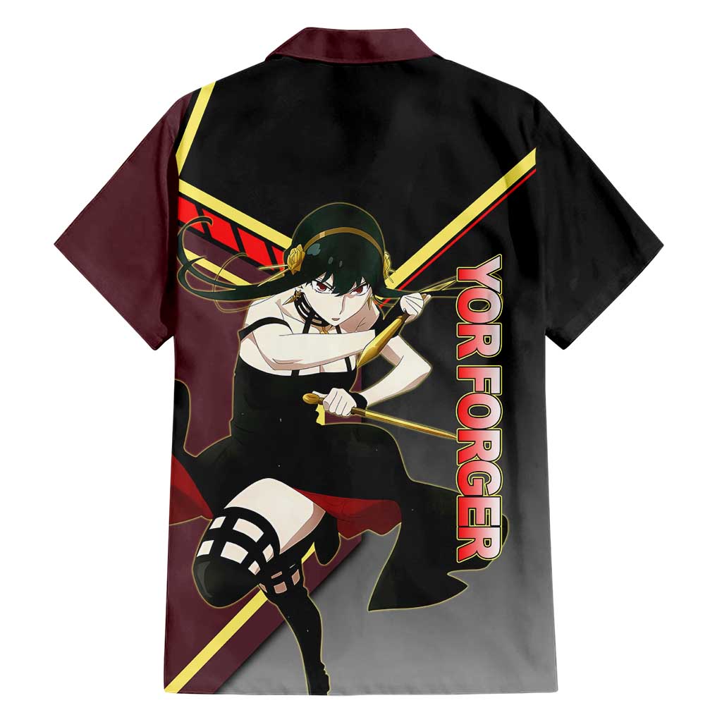 Yor Forger Spy x Family Red and Black Assassin Theme Family Matching Summer Maxi Dress and Hawaiian Shirt with Elegant Weapon Pose and Bold Color Accents