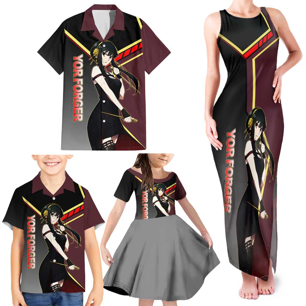 Yor Forger Spy x Family Red and Black Assassin Theme Family Matching Tank Maxi Dress and Hawaiian Shirt with Elegant Weapon Pose and Bold Color Accents