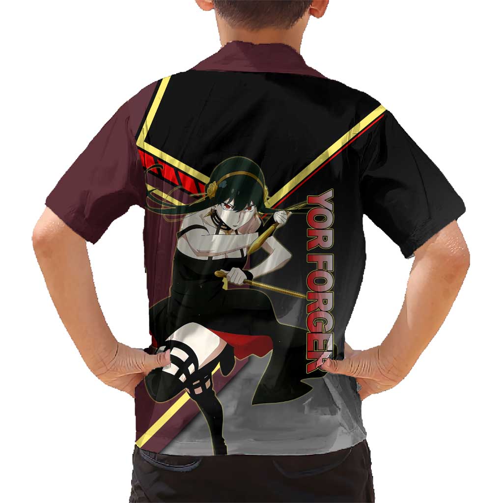 Yor Forger Spy x Family Red and Black Assassin Theme Family Matching Tank Maxi Dress and Hawaiian Shirt with Elegant Weapon Pose and Bold Color Accents
