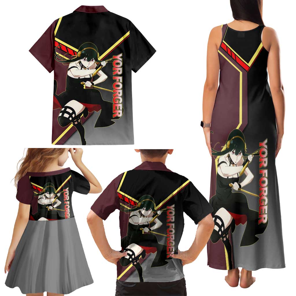 Yor Forger Spy x Family Red and Black Assassin Theme Family Matching Tank Maxi Dress and Hawaiian Shirt with Elegant Weapon Pose and Bold Color Accents