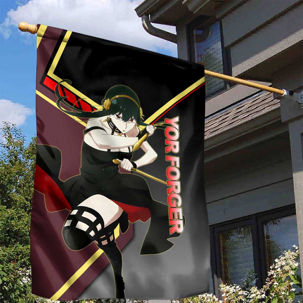 Yor Forger Spy x Family Red and Black Assassin Theme Garden Flag with Elegant Weapon Pose and Bold Color Accents - The Mazicc