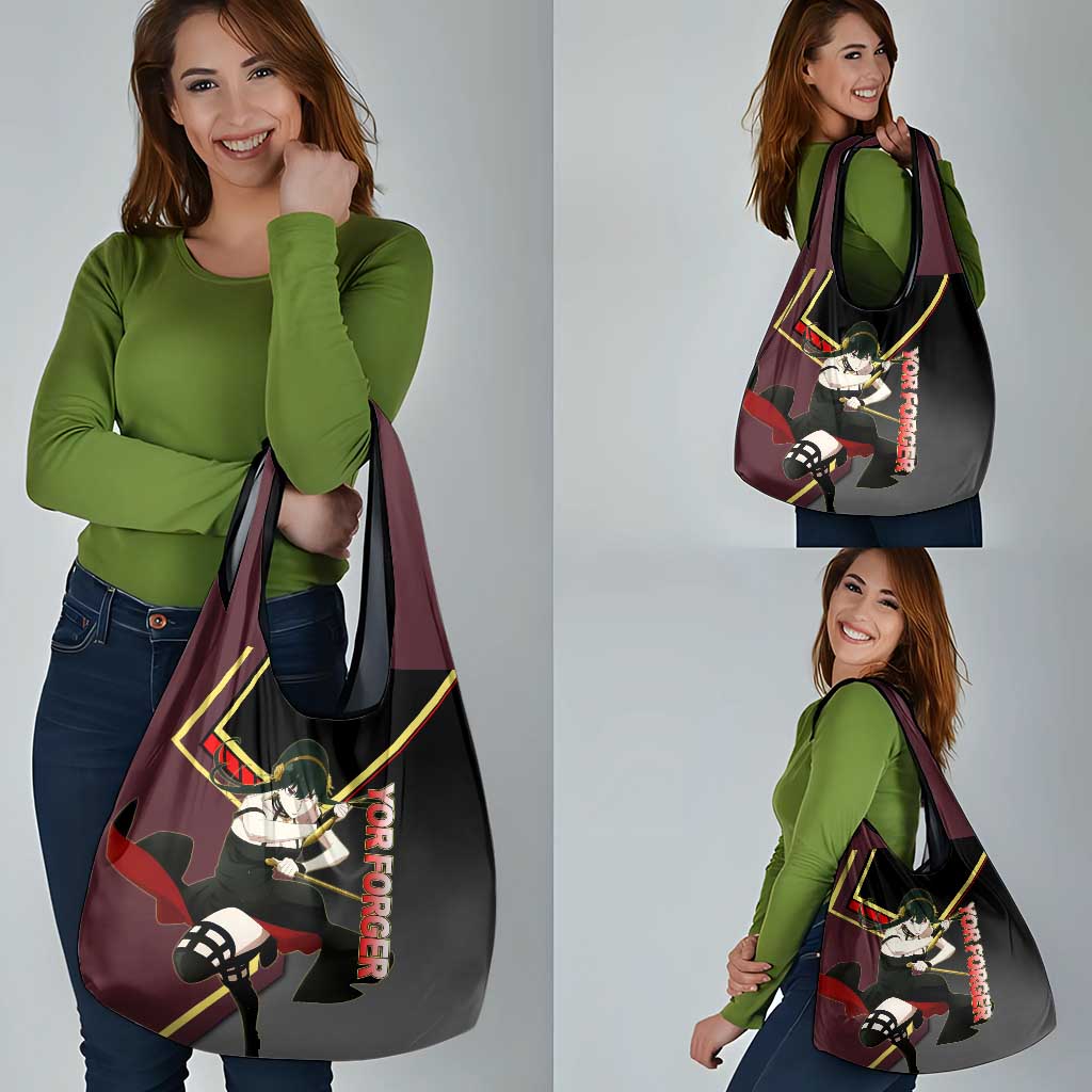 Yor Forger Spy x Family Red and Black Assassin Theme Grocery Bag with Elegant Weapon Pose and Bold Color Accents - The Mazicc