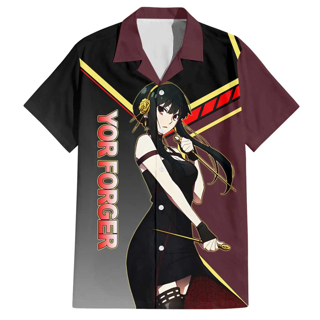 Yor Forger Spy x Family Red and Black Assassin Theme Hawaiian Shirt with Elegant Weapon Pose and Bold Color Accents - The Mazicc